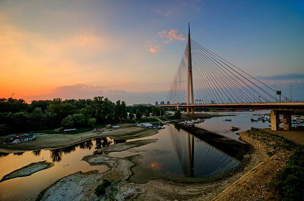 Ada bridge over the Ada Ciganlija lake in Belgrade, Serbia,at sunset