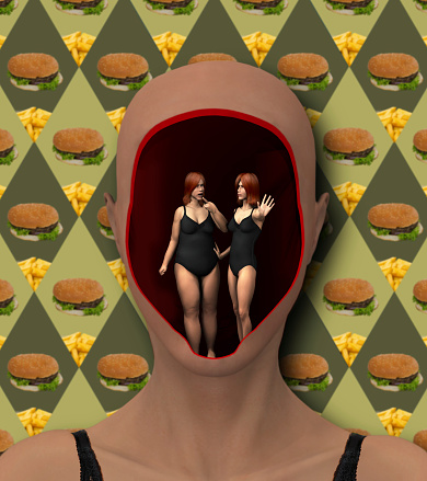 psychology surreal Illustration of the dieting mind ratio or hunger. two twin figures one fate the other thin discussing in her head to go for the burger with french fries or eat healthier. the setting is someones head in front of a niece haburger fries wallpaper pattern 