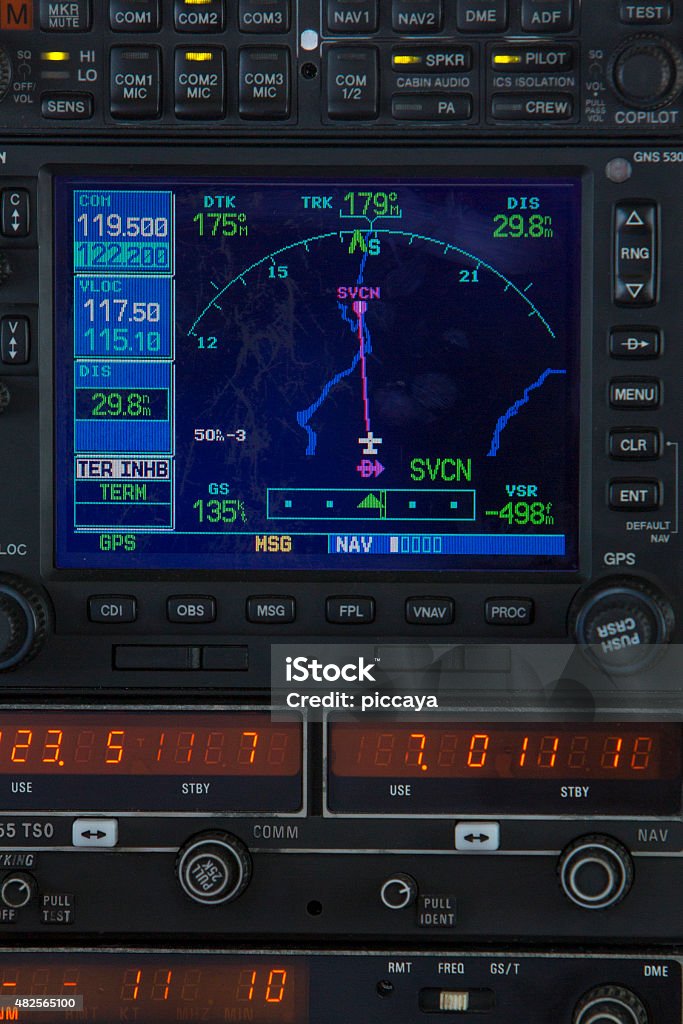 Control panel in a plane cockpit Close up of navigation system in a small cockpit plane in venezuela. Cockpit Stock Photo