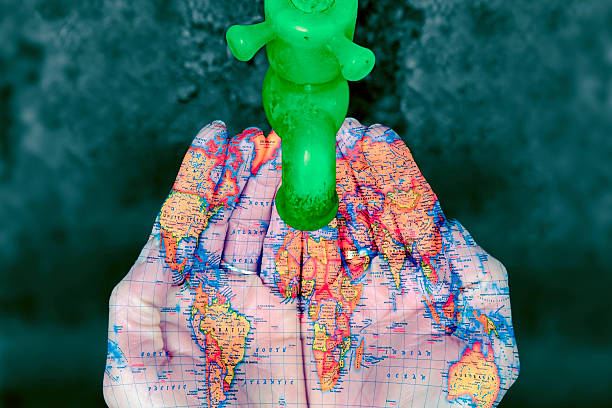 Plastic Water Tap, human palms printed with World Map Concept