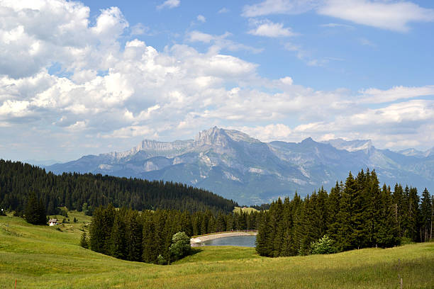Mountain lake in french alps (Megeve) with the view on Mont Blanc