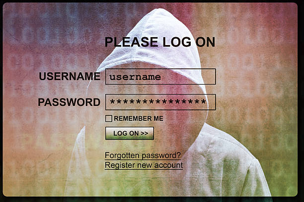 pantalla de inicio de sesión de internet con silueta de un hacker - business stealing top secret confidential fotografías e imágenes de stock