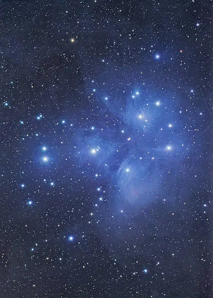 A deep space image of the Pladies nebula in winder sky