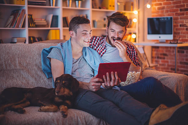 Young gay couple. Young gay couple sitting on sofa at home with their dog. Using digital tablet. Caucasian ethnicity, blond hair, casual. gay man photos stock pictures, royalty-free photos & images