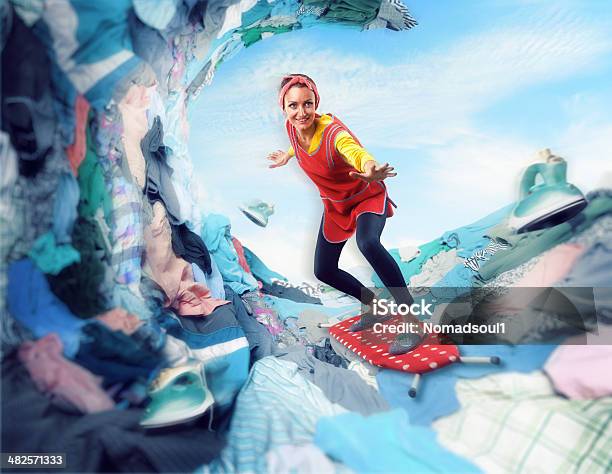 Happy Smiling Housewife Surfing On Ironingboard Stock Photo - Download Image Now - Surfing, Iron - Appliance, Ironing Board