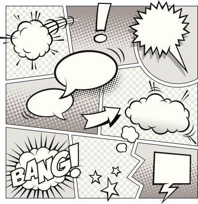 A greyscale high detail vector mockup of a typical comic book page with various speech bubbles, symbols and sound effects and colored Halftone Backgrounds. Presented in 5 different file formats,