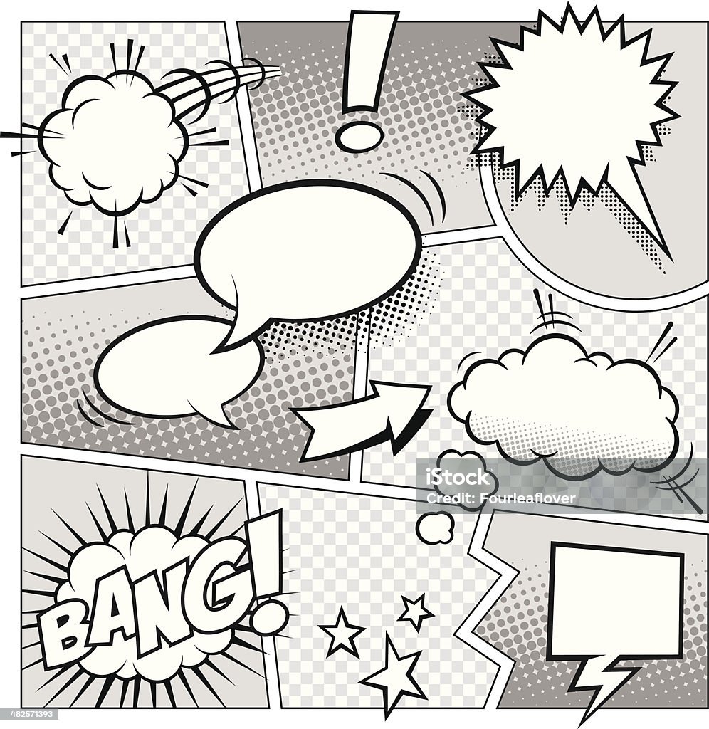 Comic Book Page A greyscale high detail vector mockup of a typical comic book page with various speech bubbles, symbols and sound effects and colored Halftone Backgrounds. Presented in 5 different file formats, Comic Book stock vector