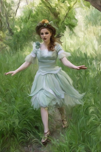 This is a digitally painted image of a Woodland Fairy model running through the forest as though she is fearful and trying to escape an unknown danger. The primary colors are green and aqua.