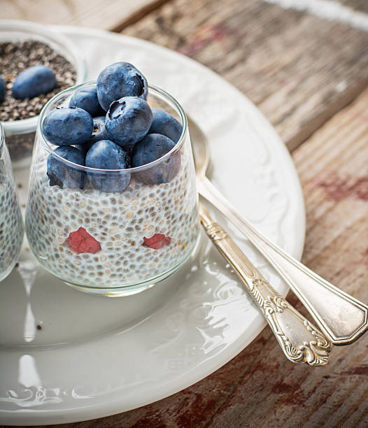 istock Milk pudding with chia seeds and fresh berries for breakfast 482577556