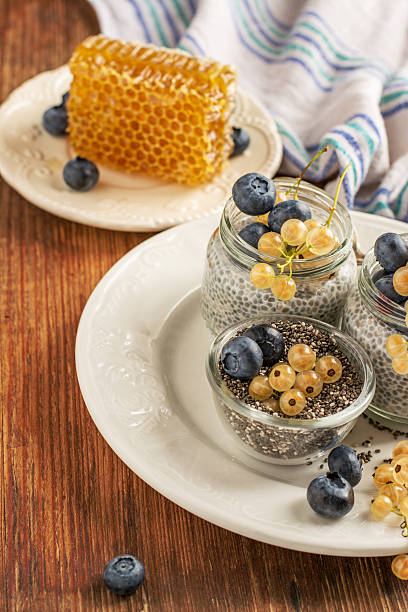 istock Milk pudding with chia seeds, blueberries and currants in a 482577698