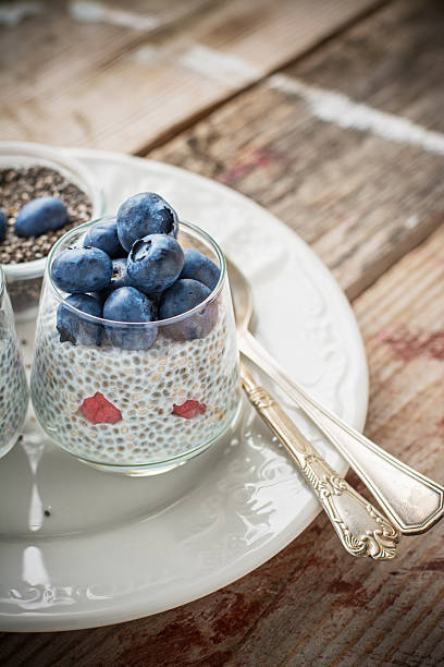 istock Milk pudding with chia seeds and fresh berries for breakfast 482581346