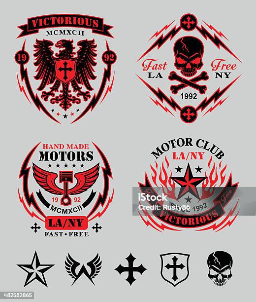 Vetores de Motociclista Patches Emblema Conjunto e mais imagens de Chama - Chama, Relâmpago, Remendo