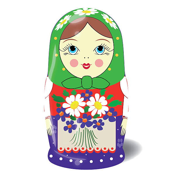 ロシアの女性との緑のドレスを着て、エプロンをヘッドスカーフ - babushka russian nesting doll doll green点のイラスト素材／クリップアート素材／マンガ素材／アイコン素材