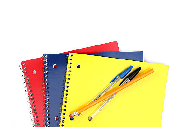 spiral notebooks - three objects personal organizer book pen stock-fotos und bilder