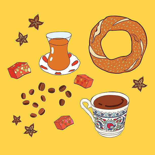 Set of traditional turkish tea and coffee break. Set of traditional turkish tea and coffee break with bagel and turkish delight. baklava stock illustrations