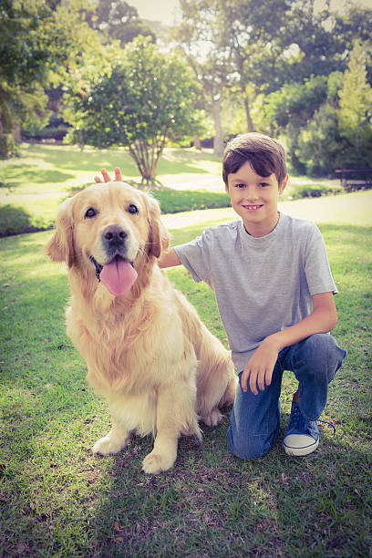 istock Little boy with his dog in the park 482586486