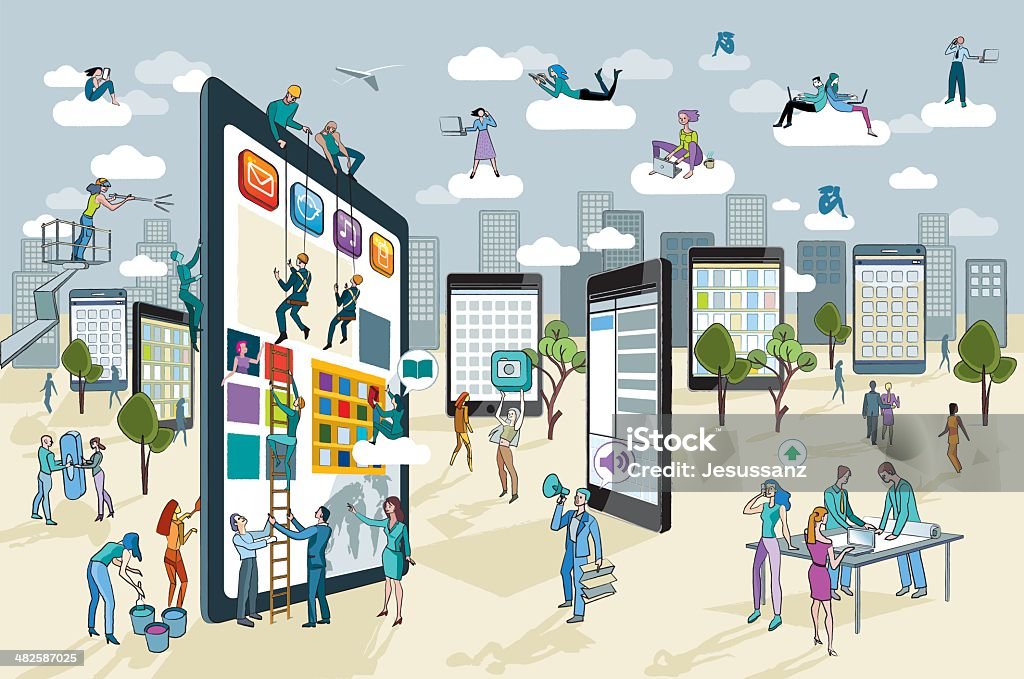 Large Digital Tablet A team of people work creatively together building giant digital tablets. This are like skyscrapers, and create a city. Other people download this content on their mobile devices. Horizontal composition. Adult stock vector