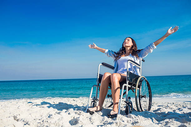 istock Disabled woman with arms outstretched at the beach 482587670