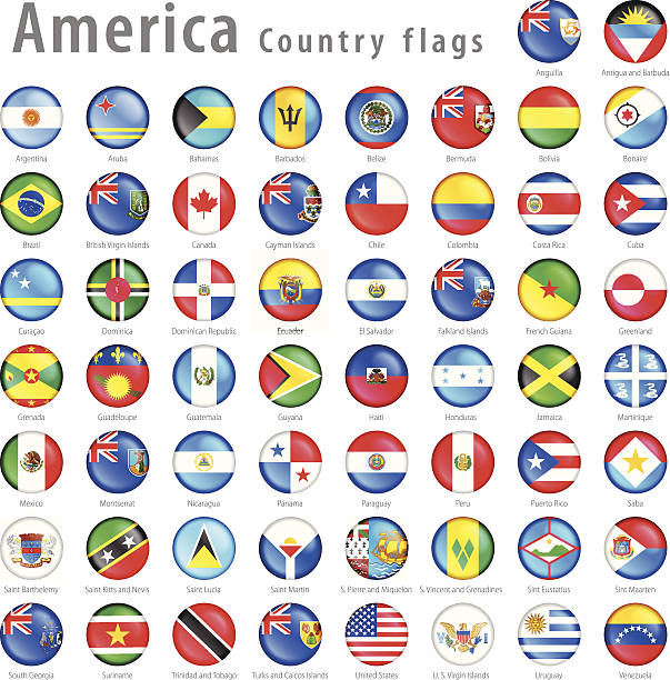 American Vector flag Button Set Hi detail vector shiny buttons with all American Country flags. Every flag is isolated on it’s own layer, each properly named with its country name.  flag buttons stock illustrations