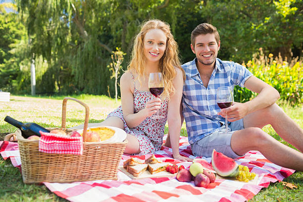 istock Young couple on a picnic drinking wine 482588094