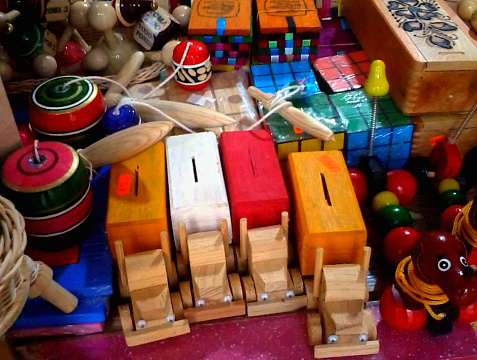 Colourful toys made of wood at a mexican market in Tequisquiapan, Queretaro