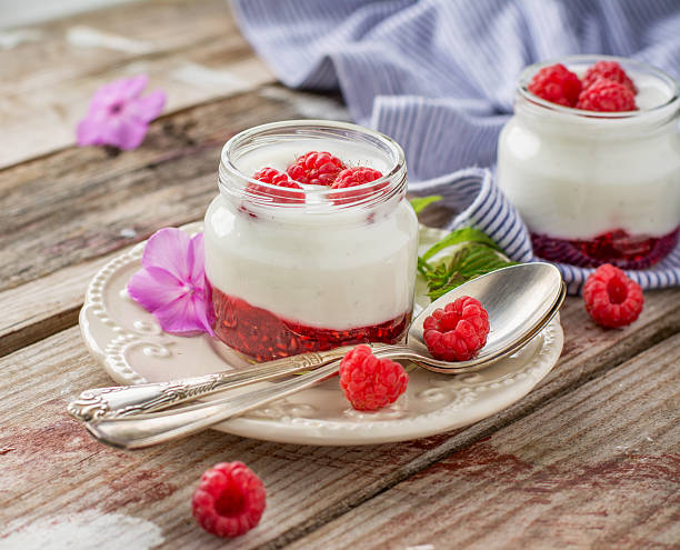 istock Natural yogurt with fresh raspberries and raspberry jam for breakfast 482594540