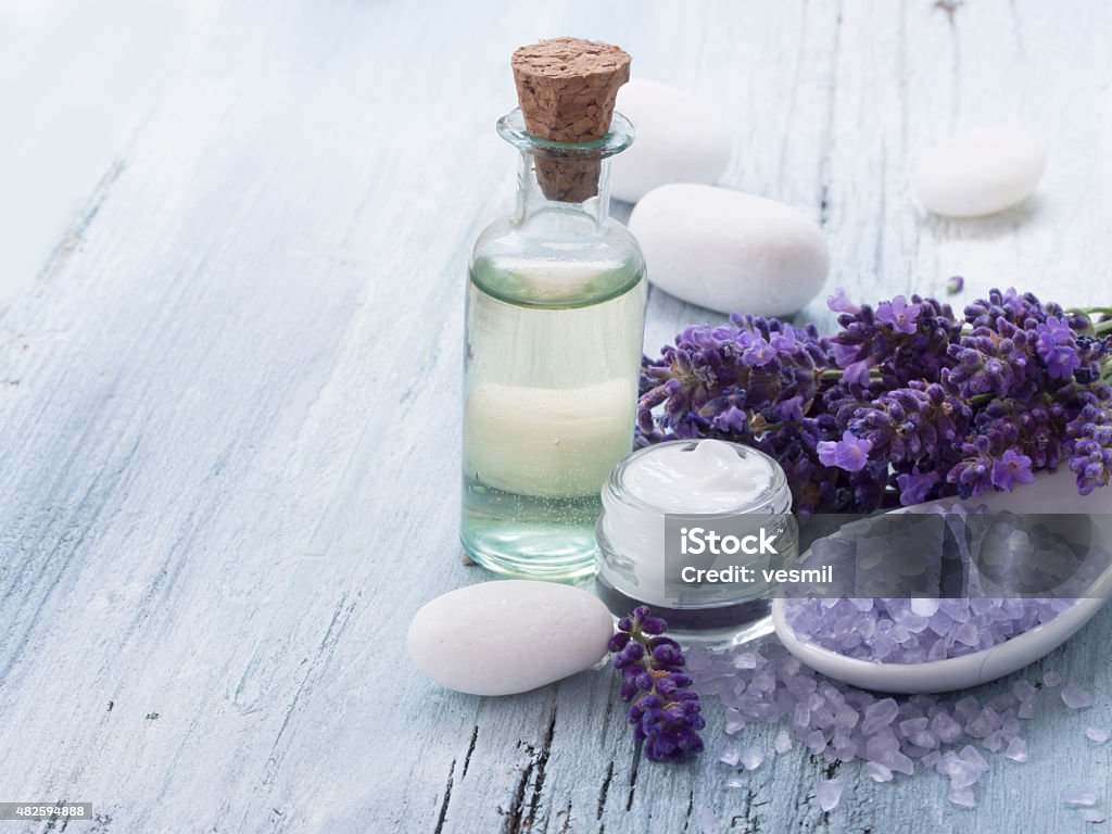 spa lavender arrangement with fresh flowers Beauty In Nature Stock Photo
