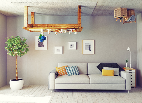 strange living room interior. 3d design concept