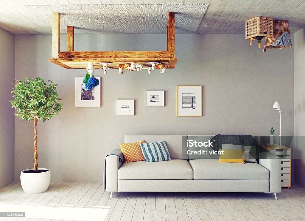 the strange  interior strange living room interior. 3d design concept Upside Down Stock Photo