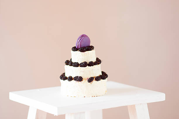 piętrowy tort udekorowany morwowy i fioletowy makaronik na górze. - cake tier zdjęcia i obrazy z banku zdjęć
