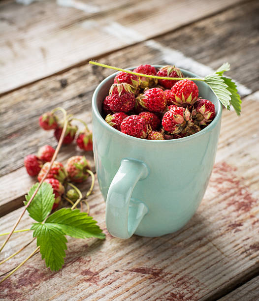 istock Gathered wild strawberries in a ceramic cup mint color 482596538