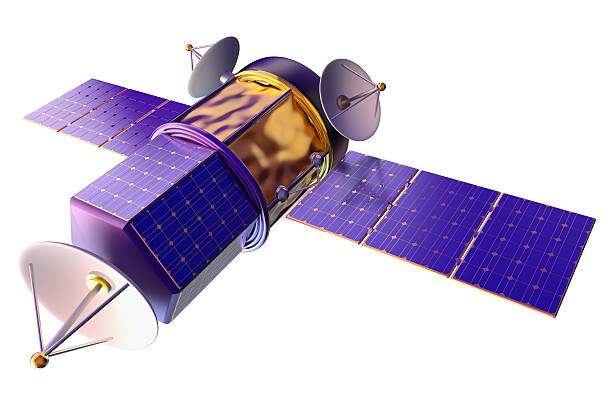 modelo 3d de um satélite artificial da terra - solar power station audio imagens e fotografias de stock