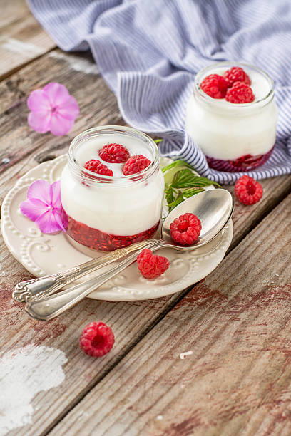 istock Natural yogurt with fresh raspberries and raspberry jam for breakfast 482596550