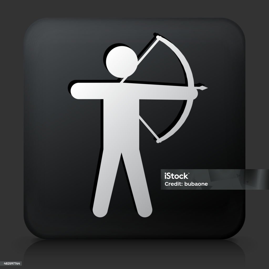 Black Square Button with Archery Icon Black Square Button with Archery Icon. This royalty free vector image features a white interface icon on square black button. The vector button has a bevel effect and a light shadow. The image background is dark grey and the button has a light reflection. 2015 stock vector