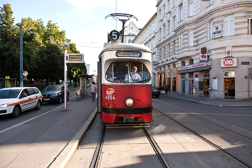 Vienna, Austria - July 21, 2009: original local vienna tram is going by schedule to station  PRATERSTERN  in Vienna, Austria.