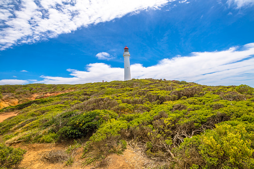 Split Point Lighthouse with blue sky located in Aireys Inlet on the Great Ocean Road, Victoria, Australia. .