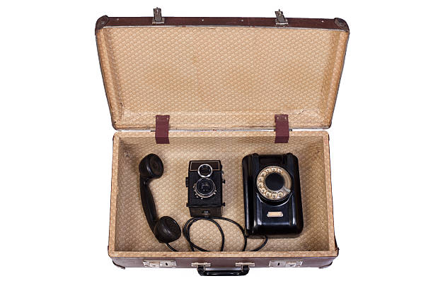 istock rotational phone and  film camera in an old suitcase 482600327