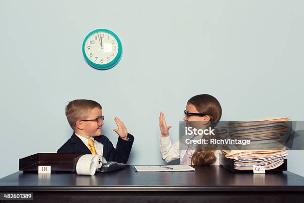 Young Children Business Team Give High Five Stock Photo - Download Image Now - Child, Humor, Business