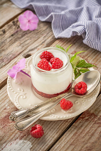 istock Natural yogurt with fresh raspberries and raspberry jam for breakfast 482603240