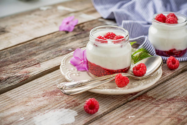 istock Natural yogurt with fresh raspberries and raspberry jam for breakfast 482603786