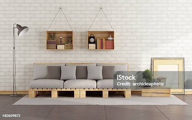 Living Room With Pallet Sofa Stock Photo - Download Image Now - 2015, Apartment, Architecture