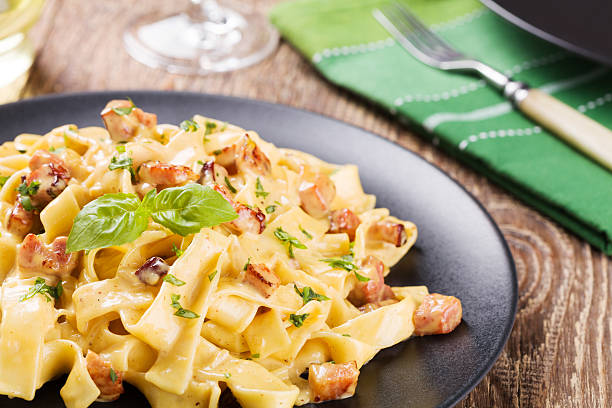 istock Pasta Carbonara with bacon, basil and cheese 482610378