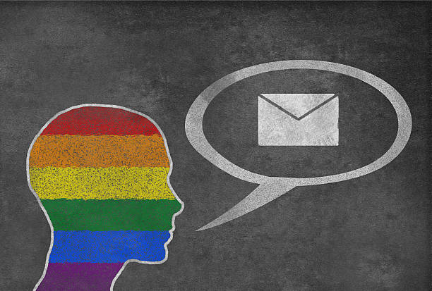 ilustraciones, imágenes clip art, dibujos animados e iconos de stock de persona de forma bandera de orgullo gay con expresión de pensamiento - spamfilter