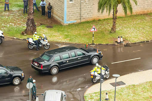 Addis Ababa - July 28, 2015: Addis Ababa - July 28: President Obama leaves the African Union Commission in his presidential car, on July 28, 2015, at the Nelson Mandela Hall of the AU Conference Centre in Addis Ababa, Ethiopia.