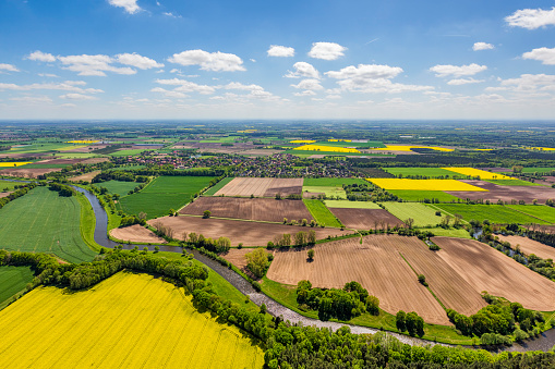 Aerial view over Germany patchwork farmland