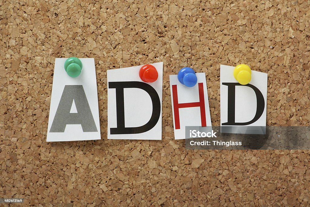 ADHD ADHD the abbreviation for Attention Deficit Hyperactivity Disorder in cut out magazine letters pinned to a cork notice board. Abbreviation Stock Photo
