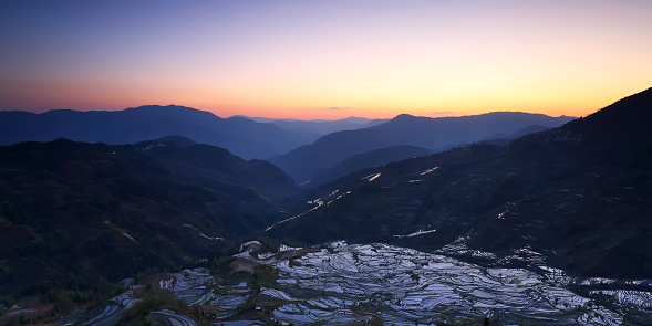 View of sunset with rice terraces of yuanyang at yunnan,china