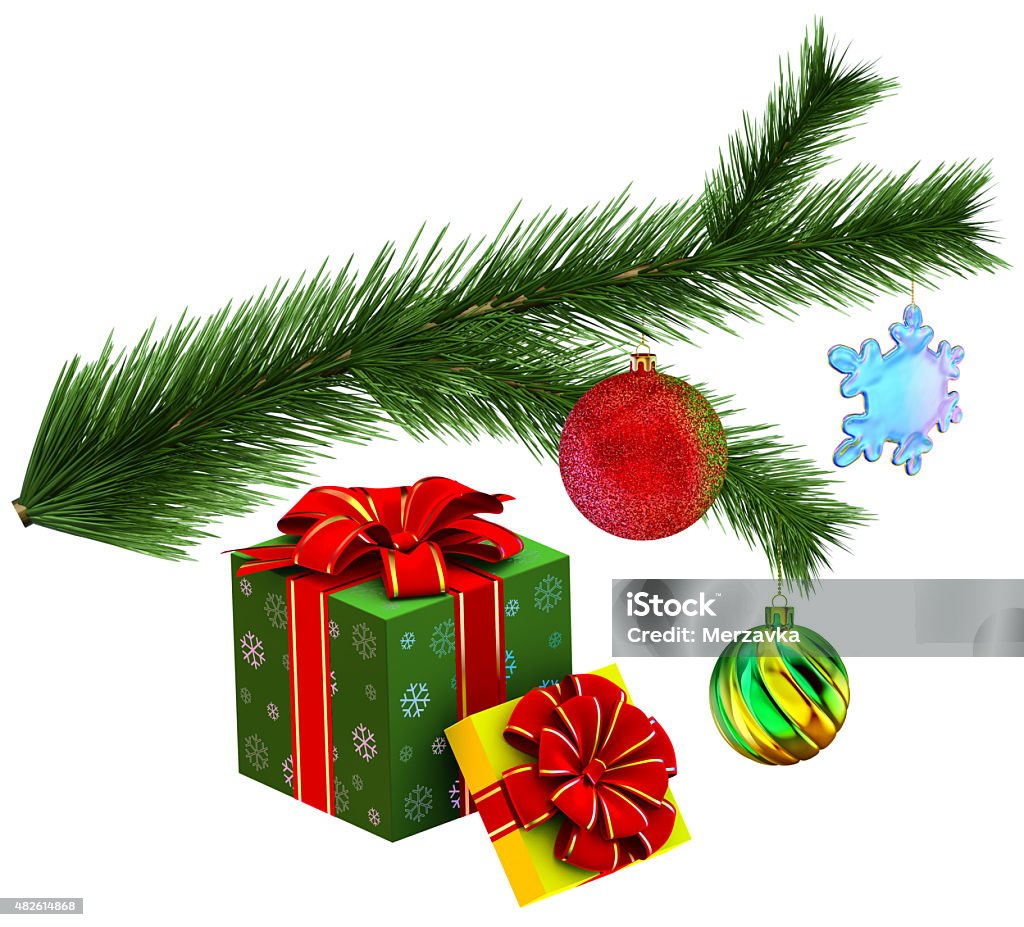Christmas tree fir branch with gifts Gifts with Christmas tree fir branch decorated of christmas balls on white background 2015 Stock Photo