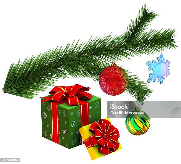 Christmas Tree Fir Branch With Gifts Stock Photo - Download Image Now - 2015, Box - Container, Branch - Plant Part