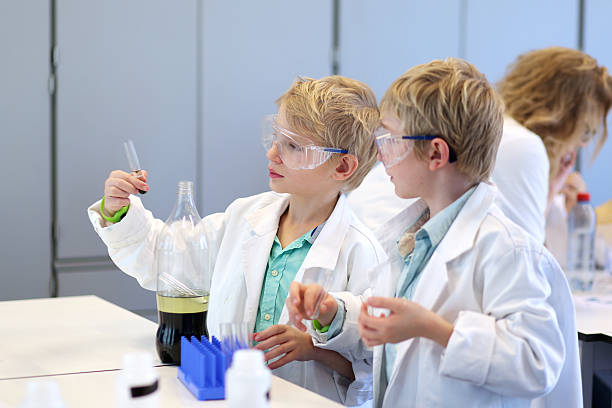istock Two school boys collaborating during chemical lesson in lab 482618697